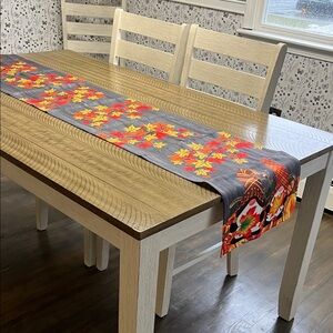 Autumn Leaves Table Runner With Festive Gnomes. 76 inches in length.